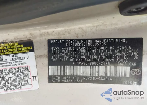 2006 Toyota Camry Solara Sle V6 z USA, uszkodzony, nr VIN 4T1CA30P86U072439